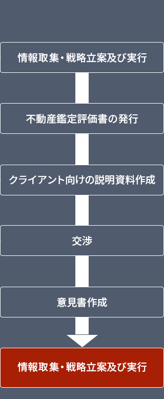 (争点) 情報取集・戦略立案及び実行↓不動産鑑定評価書の発行↓クライアント向けの説明資料作成↓交渉↓意見書作成↓情報取集・戦略立案及び実行